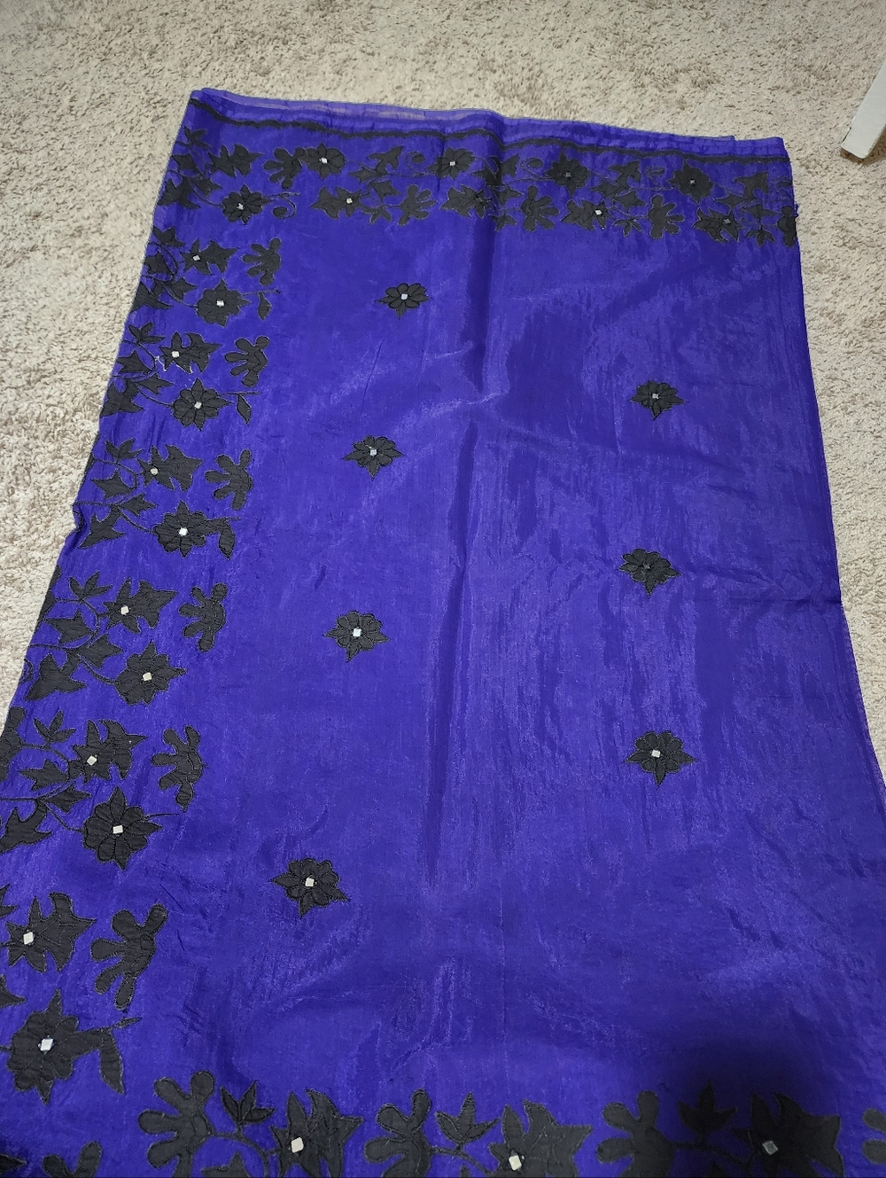 Royal Blue Hand  Applique Embroidered Silk Saree 5yd Vintage, Pure, Craft Fabric